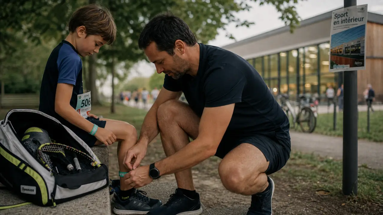 Activités sportives reims : parent prépare enfant pour sport en intérieur quand il pleut