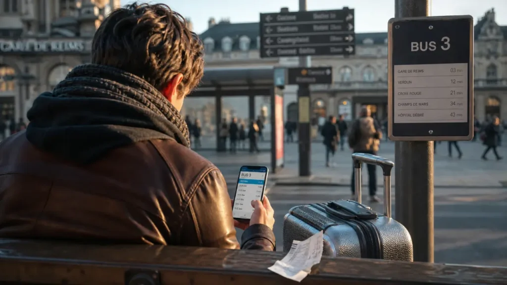 Bus 3 Reims horaires : aperçu sur smartphone à la gare, valise et arrêt bus