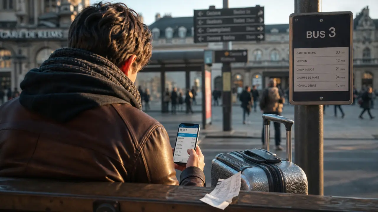 Bus 3 Reims horaires : aperçu sur smartphone à la gare, valise et arrêt bus