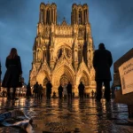 Cathédrale de Reims, parvis et tours au crépuscule