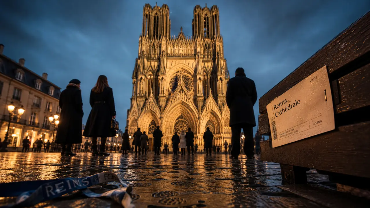 Cathédrale de Reims, parvis et tours au crépuscule