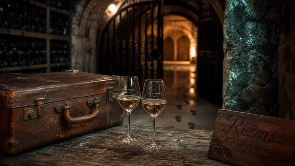Dégustation champagne ardennes à Reims devant une cave