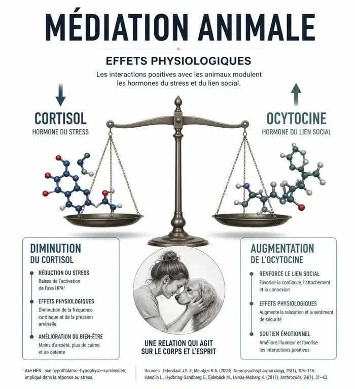 Infographie sur les bienfaits physiologiques de la médiation animale à la Ferme des Iriselles