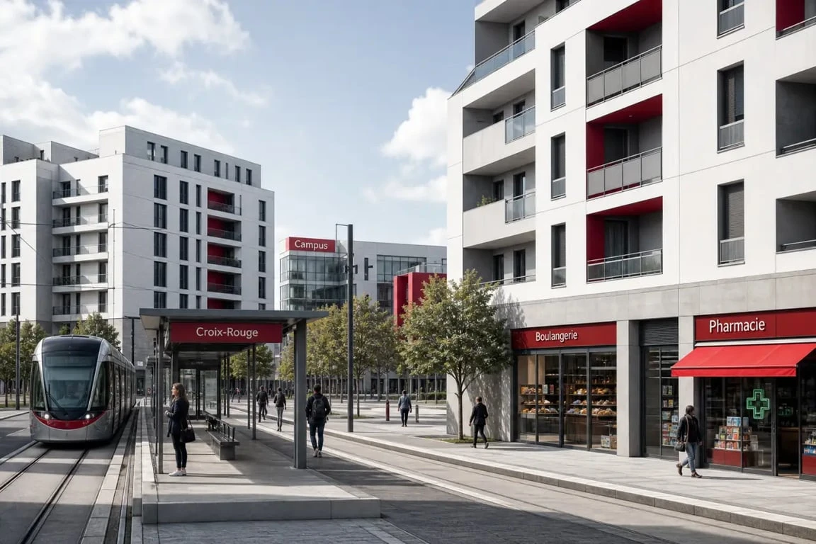 Vue du quartier Croix-Rouge Reims avec immeubles collectifs, tramway et campus universitaire