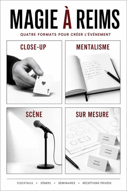 magicien reims : comparaison visuelle des formats close-up, mentalisme, scène et animation sur mesure