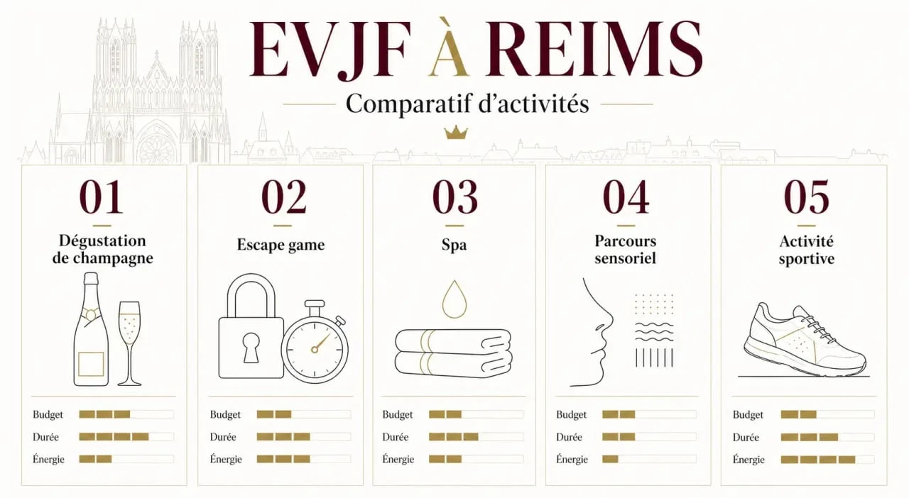 EVJF Reims : comparatif visuel des activités, budget et ambiance pour organiser un week-end entre copines