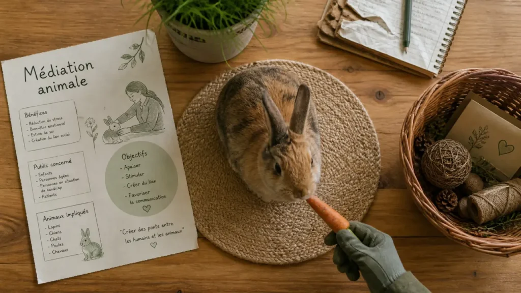 Médiation animale à la ferme pédagogique des Iriselles : lapin au calme et contact doux