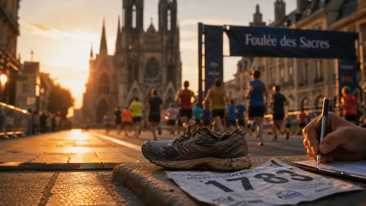 Foulée des sacres à Reims : dossard et coureurs près de l’arche