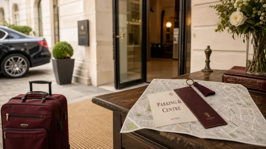 hotel reims centre : entrée avec parking et valise