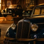 musee automobile reims : voitures anciennes au coucher du soleil, chrome et carrosserie bleue