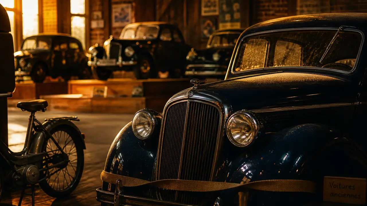 musee automobile reims : voitures anciennes au coucher du soleil, chrome et carrosserie bleue