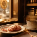 Patisserie Reims : sablés au biscuit rose et café dans une vitrine au golden hour