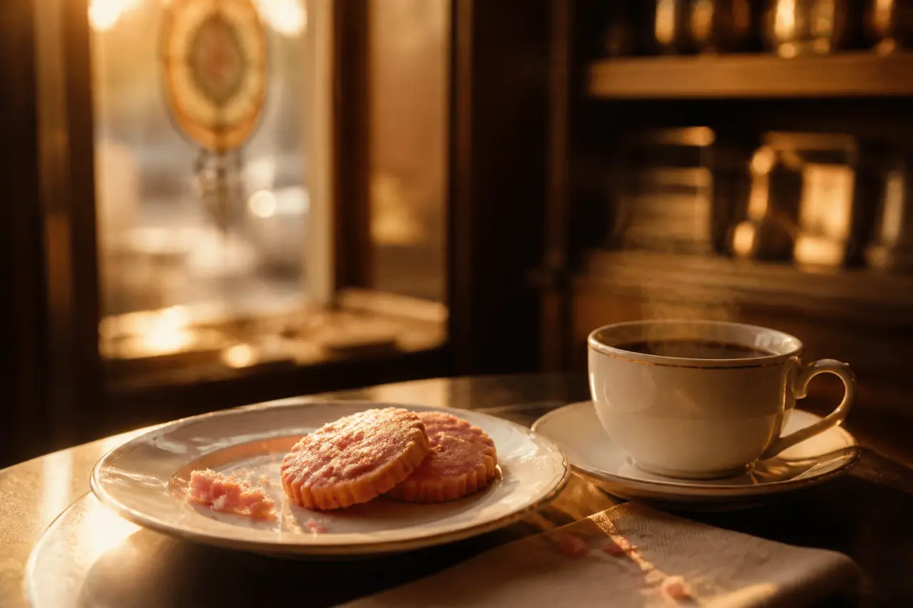 Patisserie Reims : sablés au biscuit rose et café dans une vitrine au golden hour