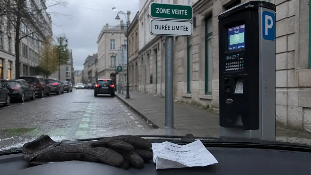 Place verte parking : zone verte et durée autorisée, marquage vert au sol et horodateur