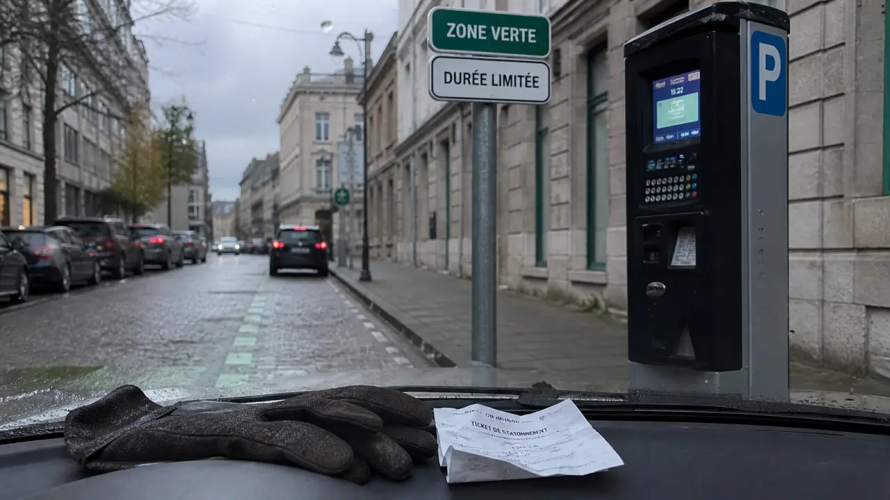 Place verte parking : zone verte et durée autorisée, marquage vert au sol et horodateur