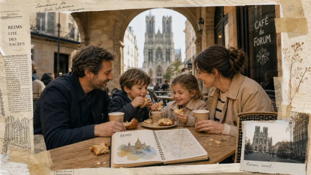 Visiter Reims en famille : goûter devant une terrasse, vue sur la cathédrale