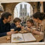 Visiter Reims en famille : goûter devant une terrasse, vue sur la cathédrale