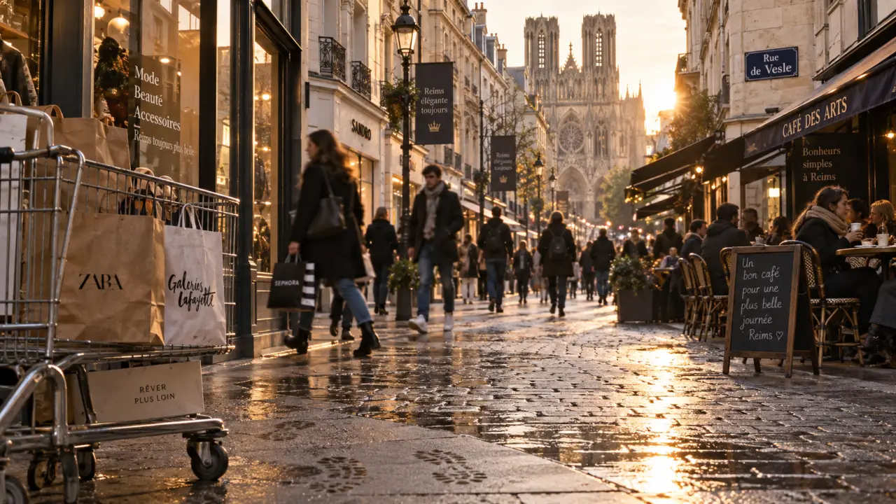 Centre ville Reims magasins : rue commerçante, vitrines et terrasses