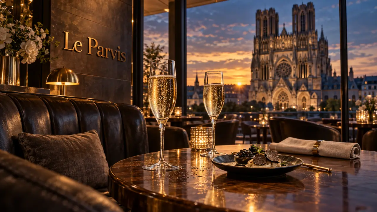Champagne bars Reims au Parvis, flûtes et ambiance golden hour