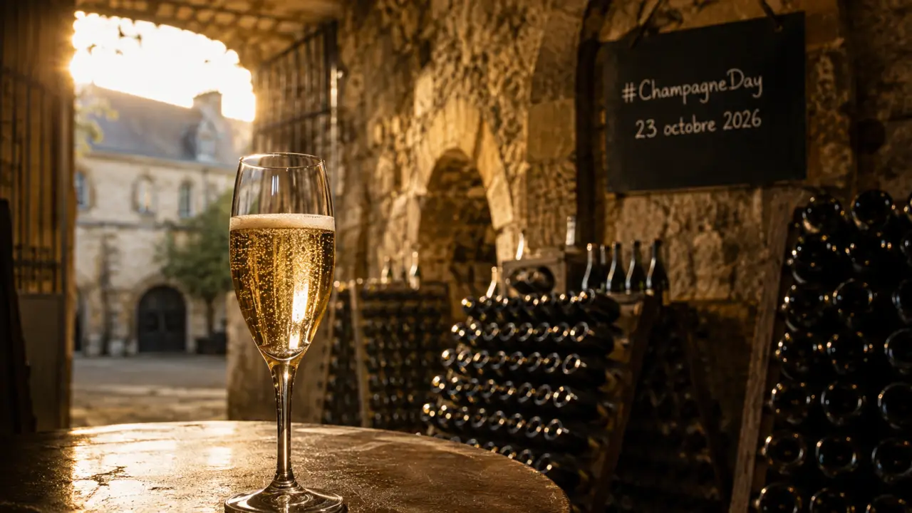 Champagne day reims : verre de champagne doré en cave, #ChampagneDay