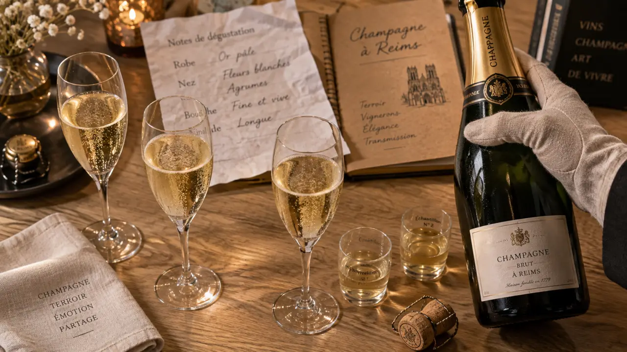 Champagne pas cher reims : flûtes et bouteille pour dégustation