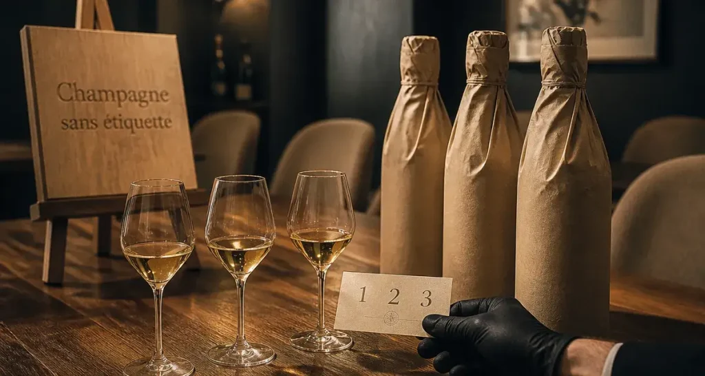 Champagne sans étiquette Reims : verres en dégustation, bouteilles sans étiquette
