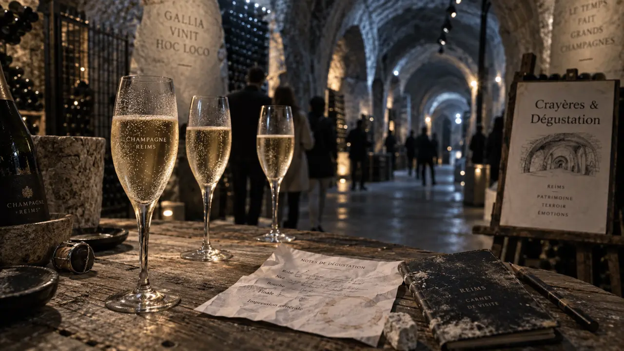Champagne tasting in reims en crayères : verres de champagne et table de dégustation