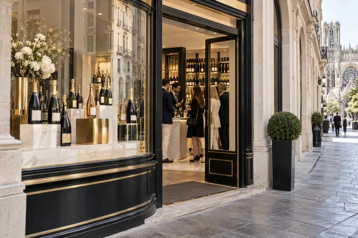 Boutique de champagne à Reims avec bouteilles de vignerons et grandes maisons
