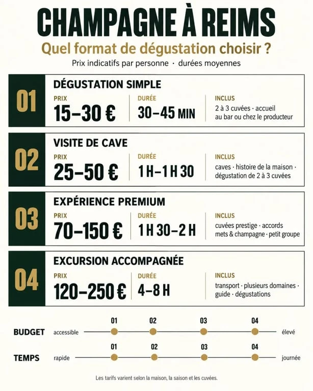 Infographie comparative des formats de dégustation de champagne à Reims, avec prix et durées