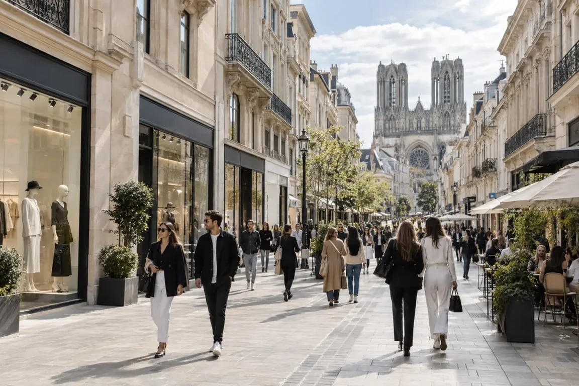 Rue commerçante du centre ville de Reims avec ses magasins