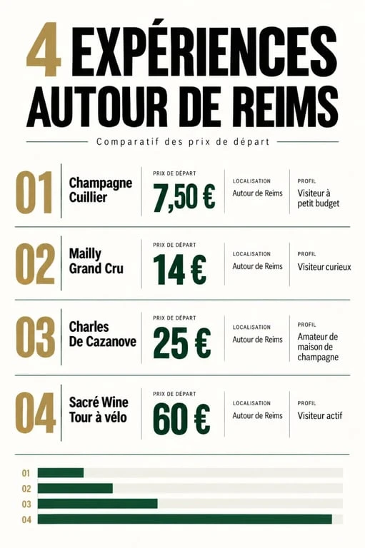 Infographie pour trouver du champagne pas cher à Reims avec quatre dégustations comparées par prix