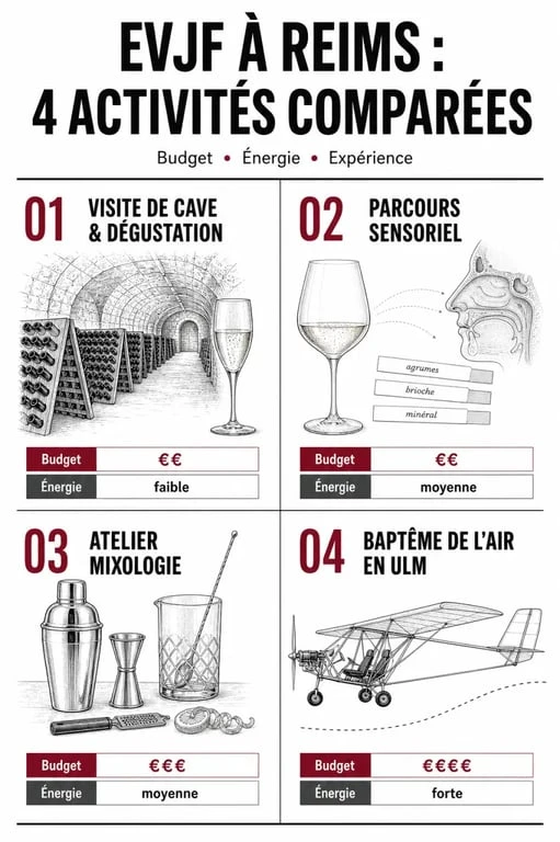 Comparatif des activités enterrement de vie de jeune fille reims selon le budget, l'ambiance et le niveau d'énergie