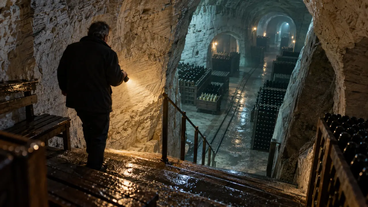 Taittinger champagne Reims tour, escalier vers les caves à 18 mètres
