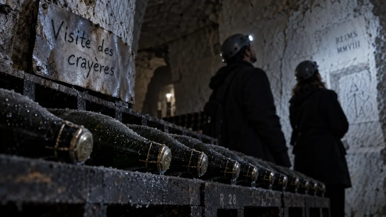 Visiter les crayères Reims : intérieur de galerie avec casiers de bouteilles dans la craie